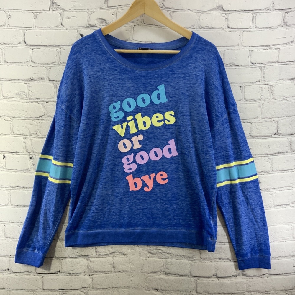 Fifth Sun Sweater Womens Sz XL Blue Good Vibes Or Goodbye‎